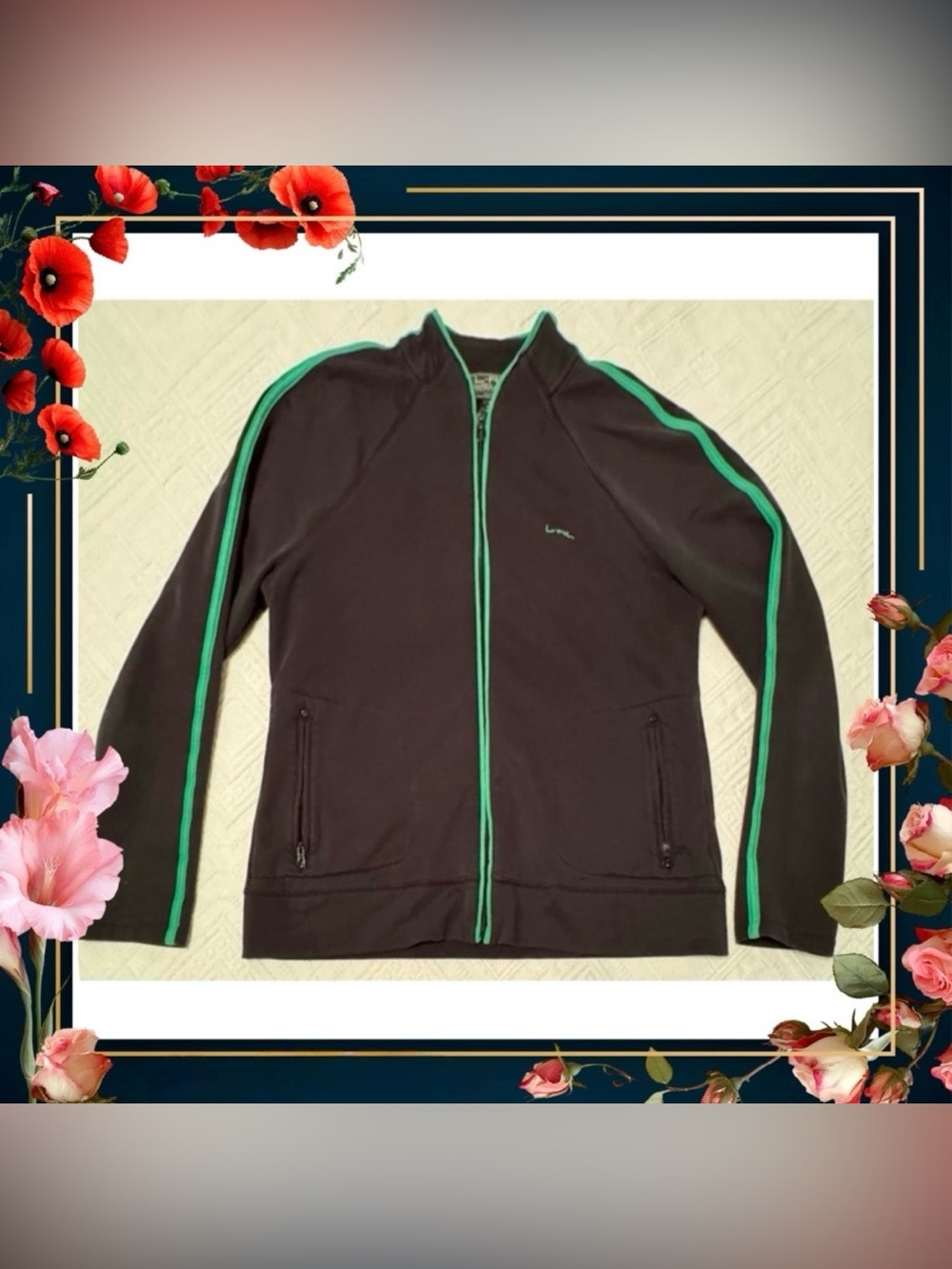 Jacket - Ralph Lauren Active track zip jacket -petite large - black w/green trim